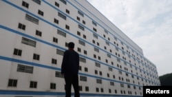 A worker stands outside a seven-story pig building of Guangxi Yangxiang's farm at Yaji Mountain Forest Park in Guangxi province, China, March 21, 2018. 