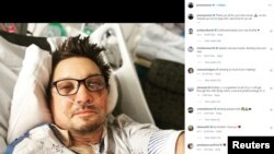 A selfie of actor Jeremy Renner on a hospital bed, posted on Instagram