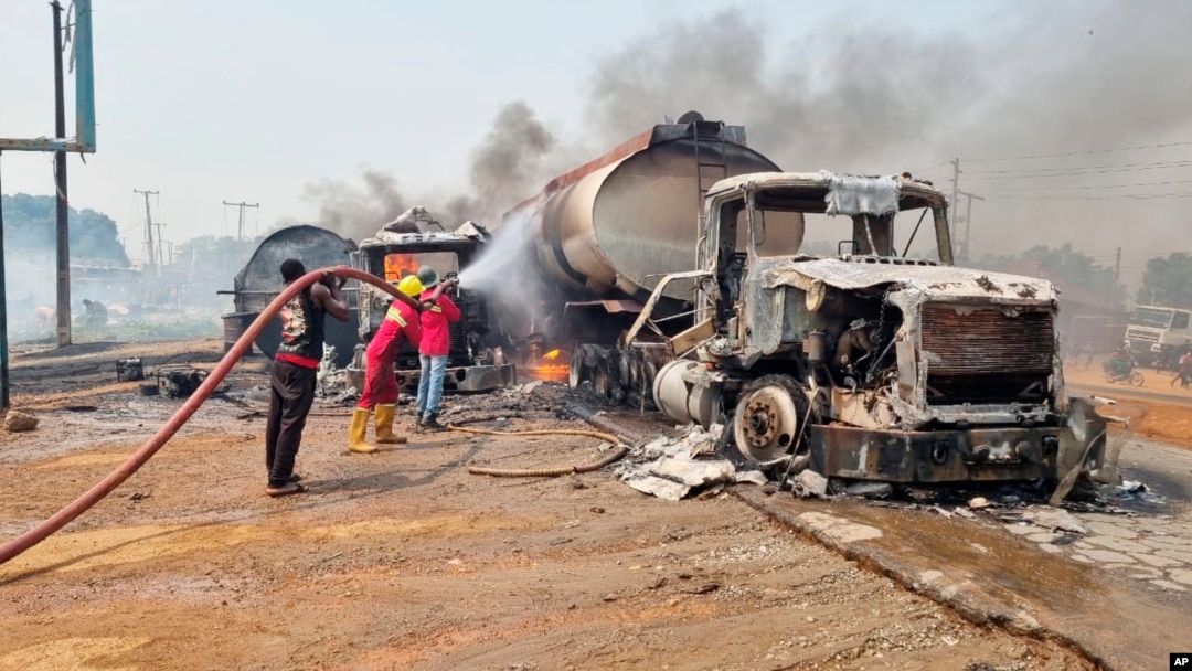 Firefighters extinguish fire from a tanker that exploded in Suleja, Nigeria, Jan. 18, 2025.