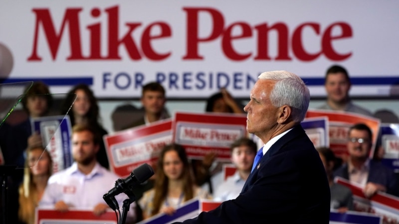 Kandidat presiden dari Partai Republik mantan Wapres AS Mike Pence, berbicara pada acara kampanye di Ankeny, Iowa, 7 Juni 2023. (AP / Charlie Neibergall)