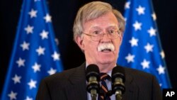 U.S. national security adviser John Bolton gives a media conference in Jerusalem, Aug. 22, 2018. Bolton has conducted high level diplomatic meetings during his visit to Israel. 
