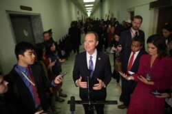 House Intelligence Committee Chairman Adam Schiff talks to the media after acting Director of National Intelligence Joseph Maguire testified before the committee on Capitol Hill in Washington, Sept. 26, 2019.