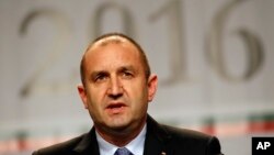 Bulgarian Socialists Party candidate Rumen Radev speaks during a press conference after presidential elections in Sofia, Bulgaria, Nov. 13, 2016. Bulgarians vote Sunday in their third election in four years.