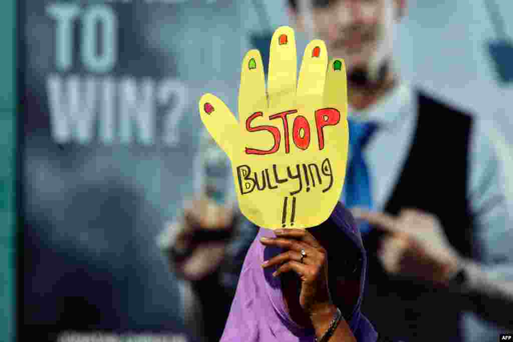 An activist takes part in an event to mark International Women's Day in Banda Aceh, Aceh province, Indonesia, on March 8, 2019.