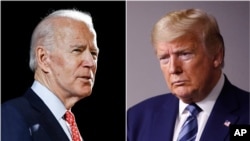 In this combination of file photos, former Vice President Joe Biden speaks in Wilmington, Del., on March 12, 2020, left, and President Donald Trump speaks at the White House in Washington on April 5, 2020. (AP Photo, File)
