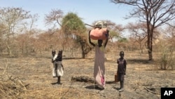 A displaced family carrying their belongings walks in search of refuge towards the village of Aburoc, South Sudan, June 19, 2017.