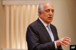 FILE - Special Representative for Afghanistan Reconciliation Zalmay Khalilzad speaks on the prospects for peace, Feb. 8, 2019, at the US Institute of Peace, in Washington.