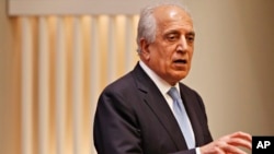 FILE - Special Representative for Afghanistan Reconciliation Zalmay Khalilzad speaks on the prospects for peace, Feb. 8, 2019, at the U.S. Institute of Peace in Washington. 