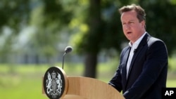 British Prime Minister David Cameron speaks during a media conference at the G-8 summit at the Lough Erne golf resort in Enniskillen, Northern Ireland, June 18, 2013.