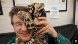 Joel Sartore and a clouded leopard cub cuddle after a photo shoot at the Columbus Zoo in Ohio. The leopards, which live in Asian tropical forests, are illegally hunted for their spotted pelts.(Photo by Grahm S. Jones/National Geographic Photo Ark)