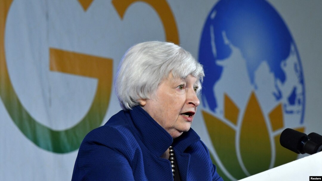 Menteri Keuangan AS Janet Yellen berbicara di Bengaluru, India hari Kamis (23/2).