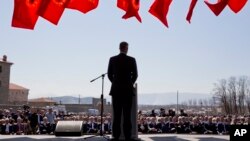 Kosovo president Hashim Thaci addresses the crowd gathered during the 20th anniversary of the NATO bombing in the village of Glogjan, Kosovo on March 24, 2019. 