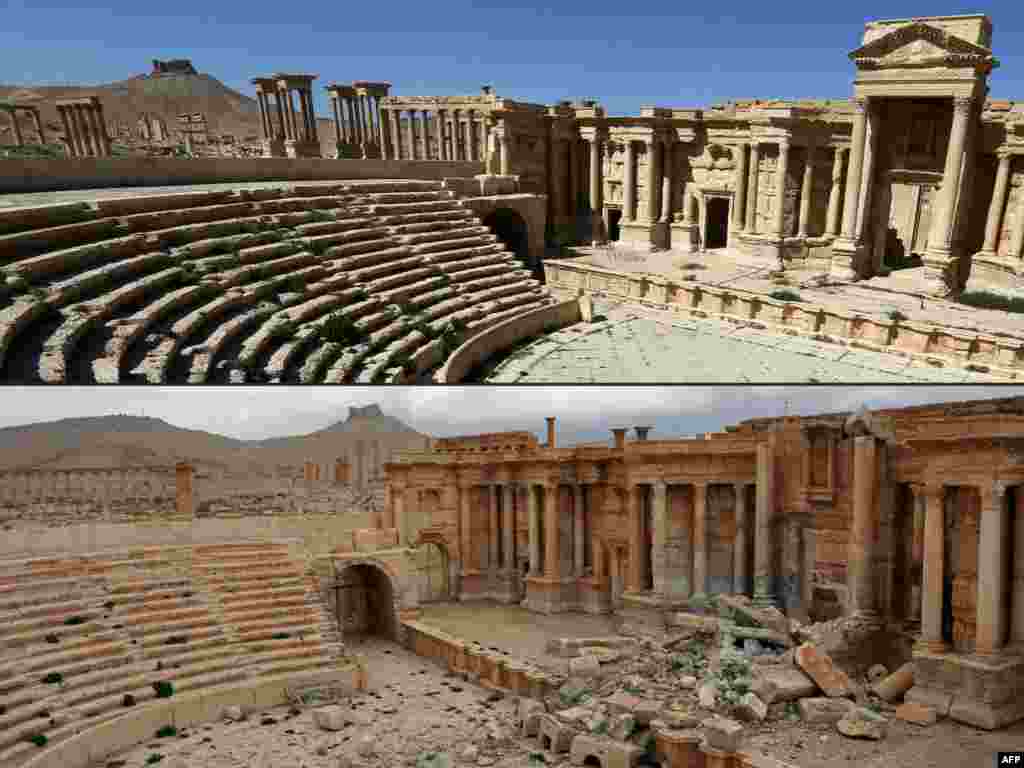 This combination of pictures shows a file photo taken March 31, 2016, (top) of the amphitheatre in the ancient city of Palmyra in central Syria, and a photo (bottom) taken March 3, 2017, displaying damage.