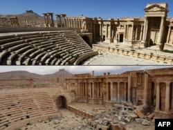 This combination of pictures created on March 3, 2017 shows a file photo taken on March 31, 2016, (top) of the amphitheatre in the ancient city of Palmyra in central Syria, and a photo (bottom) taken March 3, 2017, of the amphitheatre displaying damage.