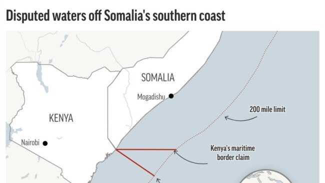 Map showing the Kenya-Somalia coastline and disputed area.