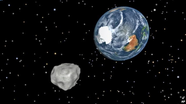 A simulation of asteroid 2012 DA14 approaching from the south as it passes through the Earth-moon system on Feb. 15, 2013. (/NASA/JPL-Caltech)