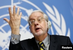 Paulo Pinheiro, Chairperson of the Commission of Inquiry on Syria, attends a news conference at the United Nations office in Geneva, Switzerland Sept. 6, 2017.