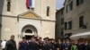 Montenegro - Cossacks and bikers in leather jackets in front of the church of St. Nicholas in Kotor from Russia, pro-Russian part of Ukraine, Serbia and Montenegro, where they devoutly listened to the liturgy of Kotor Serbian Orthodox Church