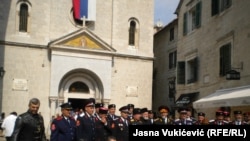 Montenegro - Cossacks and bikers in leather jackets in front of the church of St. Nicholas in Kotor from Russia, pro-Russian part of Ukraine, Serbia and Montenegro, where they devoutly listened to the liturgy of Kotor Serbian Orthodox Church