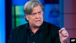 In this Oct. 9, 2017, photo, former White House strategist Steve Bannon speaks during a television interview in New York. 