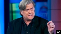 In this Oct. 9, 2017, photo, former White House strategist Steve Bannon speaks during a television interview in New York. Bannon is the latest politico touched by the widening tentacles of the Harvey Weinstein sex abuse scandal. Bannon, whose website has hammered Democrats for accepting Weinstein’s political donations, himself profited off a relationship with the movie mogul. 