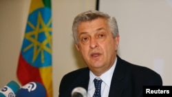 FILE - UNHCR High Commissioner for Refugees Filippo Grandi addresses a news conference in Addis Ababa, Ethiopia, June 21, 2017. 