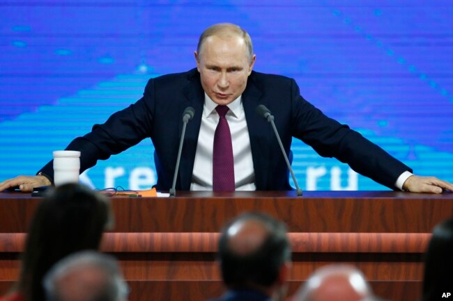 Russian President Vladimir speaks during his annual news conference in Moscow, Russia, Dec. 20, 2018.