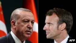 FILE - Turkish President Recep Tayyip Erdogan, left, and French President Emmanuel Macron.