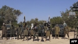 FILE - A picture shows a group of Boko Haram fighters.