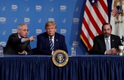 U.S. President Donald Trump is flanked by Anthony Fauci, director of the NIH National Institute of Allergy and Infectious Diseases, and Health and Human Services Secretary Alex Azar at a briefing in Bethesda, Maryland, March 3, 2020.