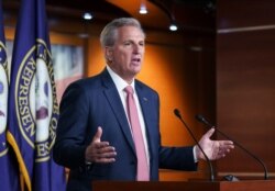 FILE - House Minority Leader Kevin McCarthy, R-Calif., responds to a reporter's question during his weekly news conference at the Capitol in Washington.