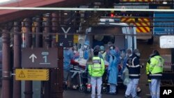 A patient is transferred in a high-speed train turned into an intensive care unit in Strasbourg, eastern France, March 26, 2020.