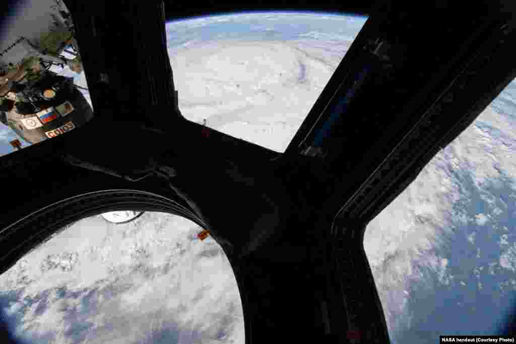 Hurricane Harvey is pictured off the coast of Texas from the cupola aboard the International Space Station, Aug. 25, 2017.