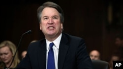 Jij Brett Kavanaugh Pandan Seyans Depozisyon nan Komisyon Jidisyè Sena Etazini nan dat 27 septanm 2018. AP/Saul Loeb.