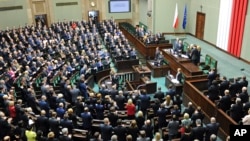 The new parliament holds its first session Nov. 12, 2015, in Warsaw, Poland.