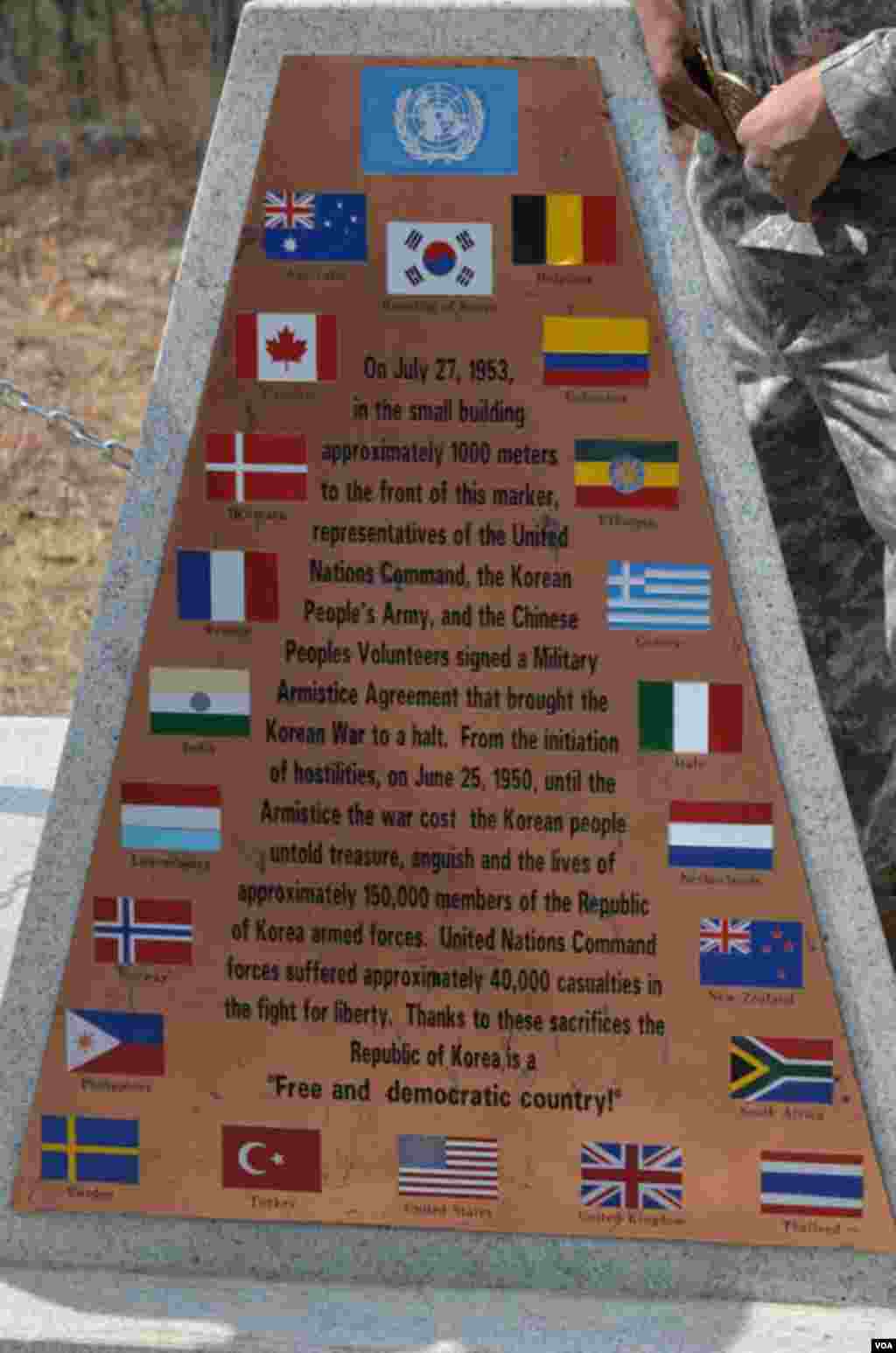 A monument in the DMZ marking the signing of the Armistice 1,000 meters to the north, April 17, 2013. (VOA/S. Herman) 