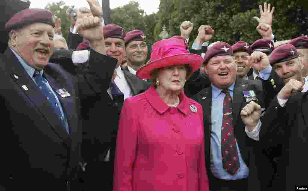 Former British Prime Minister Margaret Thatcher and Falklands veterans took part in a march in London, during a service to commemorate the 25th anniversary of the Falkland Islands conflict, June 17, 2007.