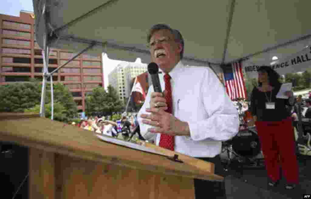 John Bolton, former United States Ambassador to the United Nations, speaks during the 'Energy Independence Day Tea Party' rally on Independence Mall in Philadelphia, on Monday July 4, 2011. (AP Photo/ Joseph Kaczmarek)