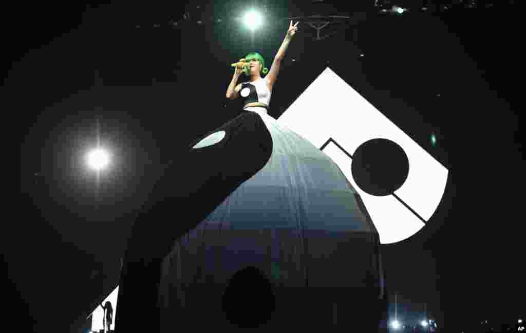 Katy Perry performs on stage at "The Prismatic World Tour" at the Honda Center in Anaheim, California.