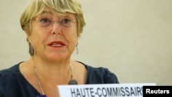 U.N. High Commissioner for Human Rights Michelle Bachelet attends a session of the Human Rights Council at the United Nations in Geneva, Switzerland, Sept. 13, 2021. 