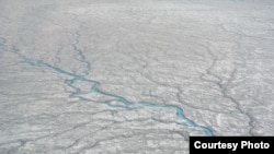 Jaringan luas sungai yang mengalir di atas lapisan es menuju laut dapat menjadi faktor yang berkontribusi pada kenaikan air permukaan. (UCLA/Lawrence C. Smith)