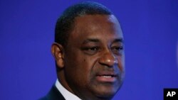 FILE - Jeffrey Webb speaks during a Confederation of North and Central American and Caribbean Association Football news conference in Philadelphia, March 12, 2015.