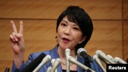 前日本总务大臣高市早苗在记者会上宣布参加自民党总裁的竞选。（2021年9月8日）
