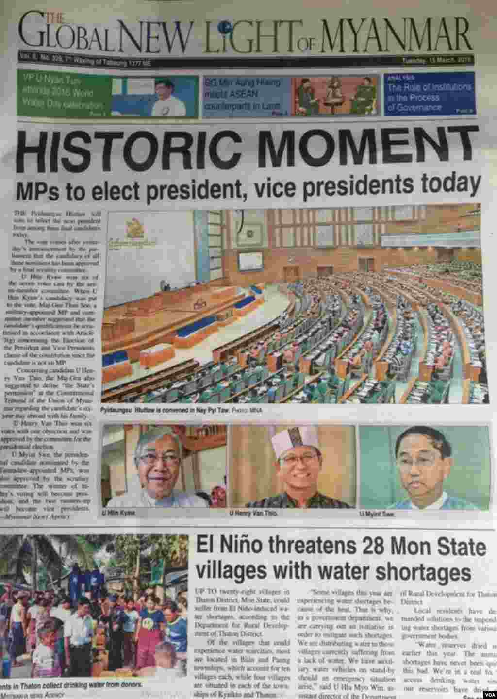 Halaman depan surat kabar pemerintah Myanmar, Global New Light of Myanmar, pada hari pemungutan suara (15/3). (VOA/S. Herman)