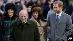 From left, Kate, Duchess of Cambridge, and Prince Philip, Meghan Markle, and Prince Harry arrive to the traditional Christmas Days service, at St. Mary Magdalene Church in Sandringham, Dec. 25, 2017. 