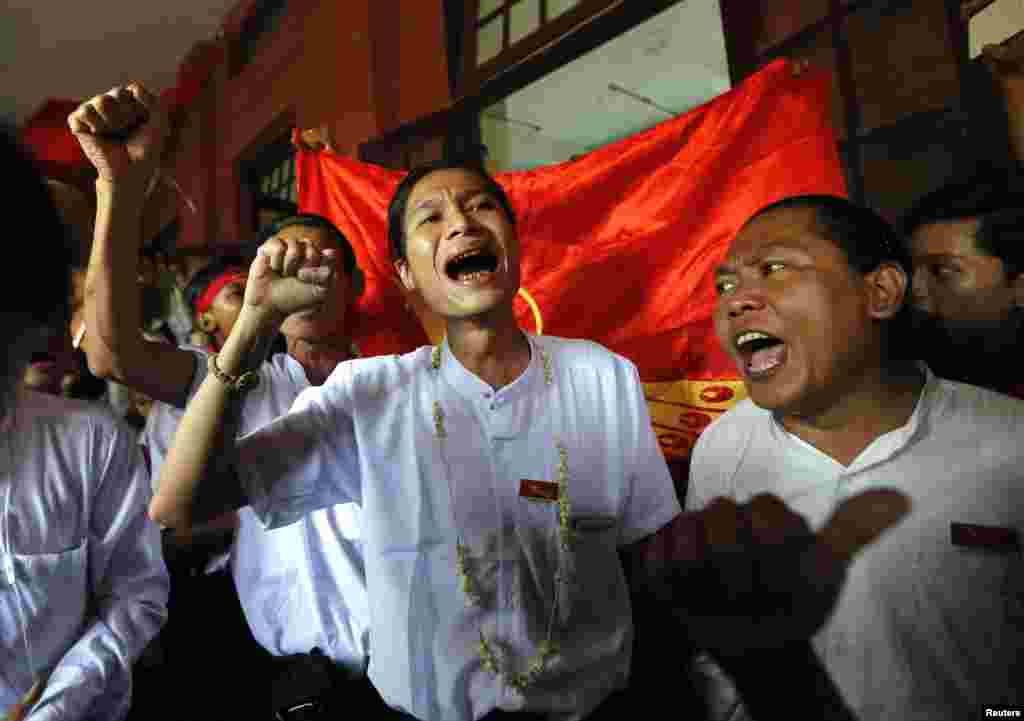 Student protesters shout after they were released by the new government&#39;s general amnesty at Tharrawaddy court, Tharrawaddy, Bago division, Myanmar.