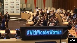 Wonder Woman was was appointed an Honorary United Nations Ambassador for the Empowerment of Women and Girls, Oct. 21, 2016, at the U.N. headquarters in New York. (M. Besheer/VOA)