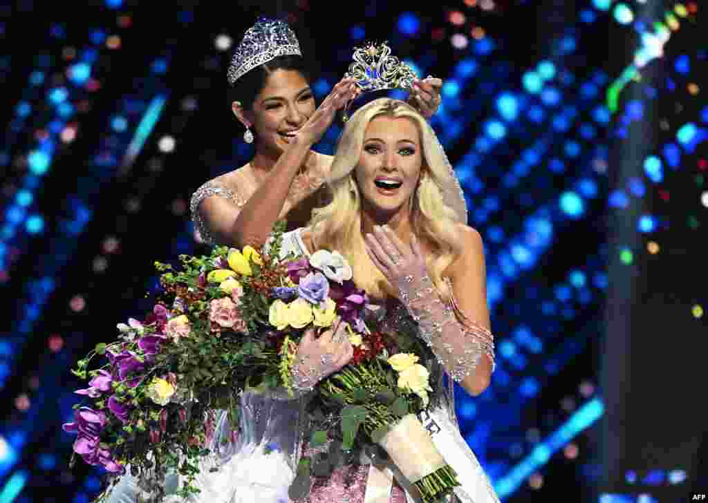 The newly crowned Miss Universe 2024, Victoria Kjaer Theilvig from Denmark, reacts after winning the 73rd edition of the Miss Universe pageant in Mexico City, Nov. 16, 2024. 