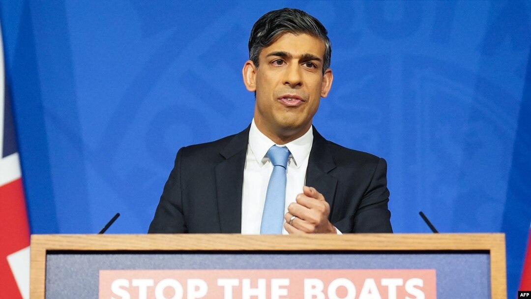 FILE — Britain's Prime Minister Rishi Sunak hosts a press conference inside the Downing Street Briefing Room, in central London on January 18, 2024, following the passing of the government's Rwanda Bill in the House of Commons.