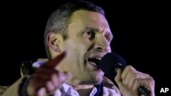 Ukrainian lawmaker and chairman of the Ukrainian opposition party Udar (Punch), WBC heavyweight boxing champion Vitaly Klitschko addresses supporters during a rally at the central Independence square in Kyiv, Ukraine, on Monday, Dec. 2, 2013. 